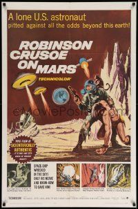 6y664 ROBINSON CRUSOE ON MARS 1sh '64 cool sci-fi art of Paul Mantee & his man Friday!
