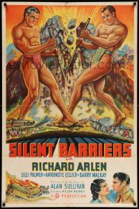 6y738 SILENT BARRIERS style B 1sh '37 Kulz stone litho of two giants tearing apart mountain!