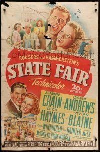 6y788 STATE FAIR 1sh '45 stone litho art of Jeanne Crain & Dana Andrews, Rodgers & Hammerstein!