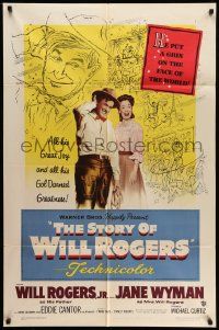 6y799 STORY OF WILL ROGERS 1sh '52 Will Rogers Jr. as his father, Jane Wyman, cool art!