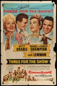 6y890 THREE FOR THE SHOW 1sh '54 Betty Grable, Jack Lemmon, Marge & Gower Champion!