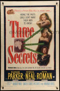 6y892 THREE SECRETS 1sh '50 trapped by her own glamour, don't judge them until you know!
