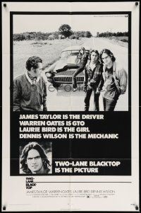 6y928 TWO-LANE BLACKTOP 1sh '71 James Taylor is the driver, Warren Oates is GTO, Laurie Bird