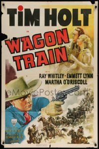 6y943 WAGON TRAIN 1sh '40 cowboy Tim Holt & pretty Martha O'Driscoll, western action art!