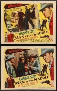 6z954 MAN IN THE SADDLE 2 LCs '51 cowboy Randolph Scott in western action, Joan Leslie!