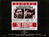 7b444 FUGITIVE teaser British quad '93 Harrison Ford is on the run, cool wanted poster design!