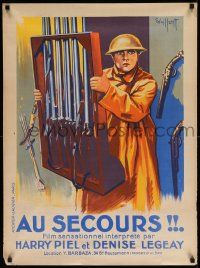 7b119 AU SECOURS French 24x32 '25 art of soldier Harry Piel carrying gun rack by Gaillant!