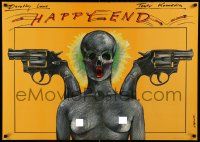 7b902 HAPPY END stage play Polish 26x37 '80s wild Pagowski art of skull-faced naked woman & guns!