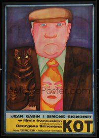 7b813 LE CHAT Polish 23x32 '73 Simone Signoret, Mucha Ihnatowicz art of Jean Gabin & cat!