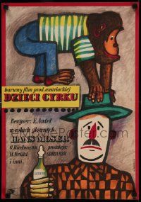7b771 SOLANG' DIE STERNE GLUH'N Polish 16x23 '61 chimp & clown circus artwork by Marian Stachurski