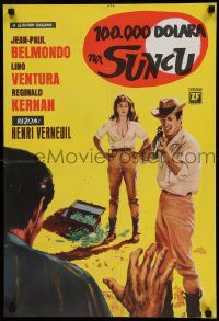 7b347 GREED IN THE SUN Yugoslavian 18x28 '65 Belmondo pointing rifle at man with hands up!