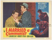 7c567 I MARRIED A COMMUNIST LC #3 '49 close up of Robert Ryan punching Fred Graham in the face!