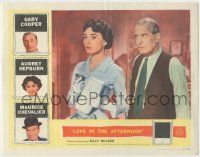 7c631 LOVE IN THE AFTERNOON LC '57 Maurice Chevalier stares at pretty Audrey Hepburn w/binoculars!