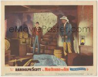 7c647 MAN BEHIND THE GUN LC #7 '52 Randolph Scott hides from bad guy with gun in cellar!
