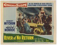 7c782 RIVER OF NO RETURN LC #3 '54 Robert Mitchum & cowboys watch sexy Marilyn Monroe play guitar!