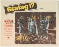 7c867 STALAG 17 LC #7 '53 Billy Wilder classic, Preminger, Sig Ruman & more Nazis w/ fallen man!