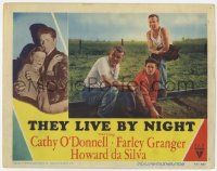 7c911 THEY LIVE BY NIGHT LC #5 '48 Farley Granger, Howard da Silva & Jay C. Flippen c/u on tracks!