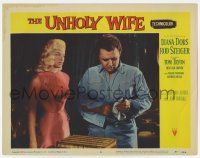 7c951 UNHOLY WIFE LC #3 '57 great close up of sexiest Diana Dors staring at Rod Steiger with gun!