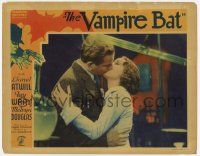 7c956 VAMPIRE BAT LC '33 c/u of Fay Wray kissing Melvyn Douglas in lab, spooky border art!