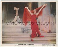 7d055 FUNNY FACE color 8x10 still '57 full-length Audrey Hepburn in sexy red dress on stairs!