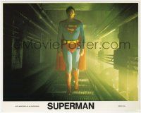 7d083 SUPERMAN 8x10 mini LC '78 great c/u of Christopher Reeve in costume approaching camera!
