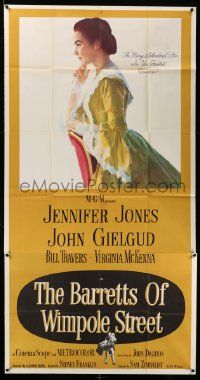 7f167 BARRETTS OF WIMPOLE STREET 3sh '57 art of pretty Jennifer Jones as Elizabeth Browning!
