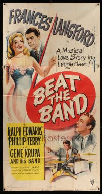 7f170 BEAT THE BAND 3sh '47 artwork of sexy Frances Langford & Gene Krupa playing drums!
