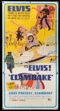 7f215 CLAMBAKE 3sh '67 McGinnis art of Elvis Presley in speed boat with sexy babes, rock & roll!