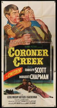 7f218 CORONER CREEK 3sh '48 c/u of Randolph Scott fighting bad guy & with Marguerite Chapman!