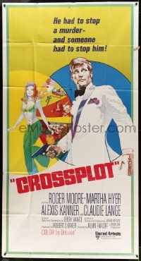 7f225 CROSSPLOT int'l 3sh '70 cool artwork of spy Roger Moore & sexy Claudie Lange!
