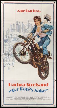 7f265 FOR PETE'S SAKE 3sh '74 Peter Yates, great art of zany Barbra Streisand on motorcycle!