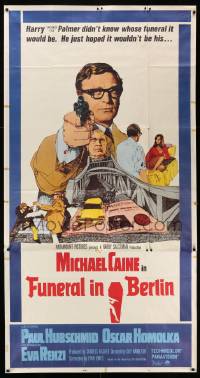7f275 FUNERAL IN BERLIN 3sh '67 cool art of Michael Caine pointing gun, directed by Guy Hamilton!