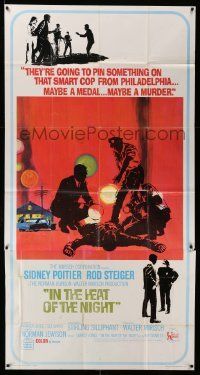 7f339 IN THE HEAT OF THE NIGHT 3sh '67 Sidney Poitier, Rod Steiger, Warren Oates, cool crime art!