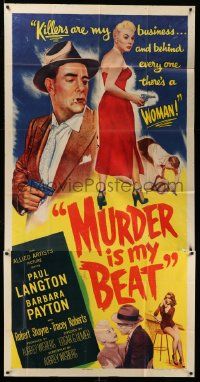 7f407 MURDER IS MY BEAT 3sh '55 Edgar Ulmer film noir, Barbara Payton is behind the killings!
