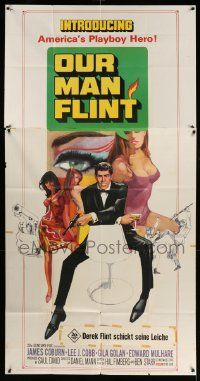 7f426 OUR MAN FLINT 3sh '66 Bob Peak art of James Coburn, sexy James Bond spy spoof!