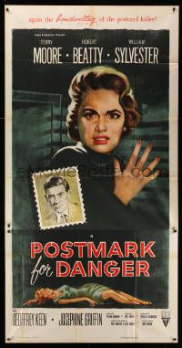 7f444 POSTMARK FOR DANGER 3sh '56 art of Terry Moore, who is hunted by the postcard killer!