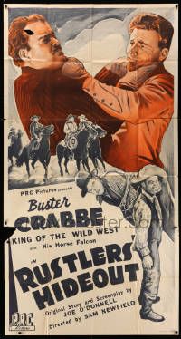 7f465 RUSTLERS' HIDEOUT 3sh '45 stone litho close up of Buster Crabbe fighting bad guy!