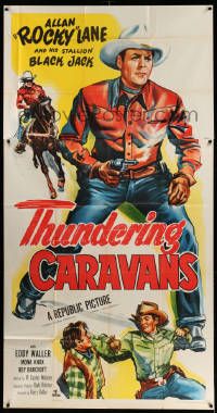 7f526 THUNDERING CARAVANS 3sh '52 great artwork of cowboy Rocky Lane w/smoking gun & Black Jack!