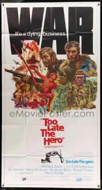 7f531 TOO LATE THE HERO 3sh '70 Robert Aldrich, cool art of Michael Caine & Cliff Robertson, WWII!