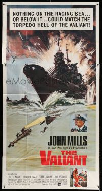 7f544 VALIANT 3sh '62 John Mills, cool artwork of World War II battleship under fire!