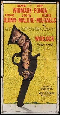 7f555 WARLOCK 3sh '59 cowboys Henry Fonda & Richard Widmark, cool revolver silhouette design!
