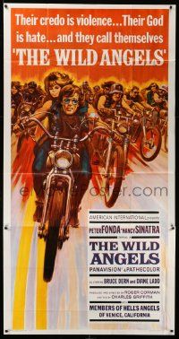 7f565 WILD ANGELS 3sh '66 classic art of biker Peter Fonda & sexy Nancy Sinatra on motorcycle!