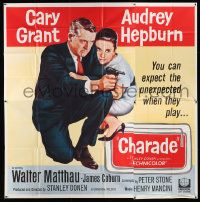 7f017 CHARADE 6sh '63 completely different c/u image of Cary Grant & sexy Audrey Hepburn, rare!