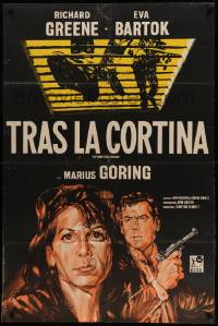 7f651 BEYOND THE CURTAIN Argentinean '60 art of Richard Greene w/ gun & Eva Bartok, English crime!