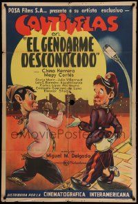 7f713 EL GENDARME DESCONOCIDO Argentinean '41 cartoon art of Cantinflas as a hobo & as a guard!