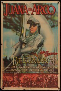 7f795 JOAN OF ARC Argentinean '48 great close up of Ingrid Bergman in full armor with sword!