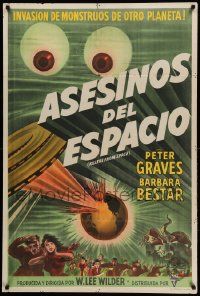 7f805 KILLERS FROM SPACE Argentinean '54 bulb-eyed men invade Earth from flying saucers, cool art!