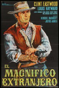 7f837 MAGNIFICENT STRANGER Argentinean '67 great artwork of cowboy Clint Eastwood pointing gun!