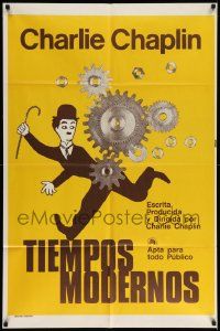 7f848 MODERN TIMES Argentinean R70s great artwork of Charlie Chaplin running by giant gears!