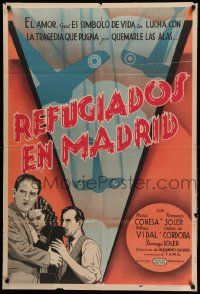 7f908 REFUGEES IN MADRID Argentinean '38 cool art of Spanish Civil War refugees w/planes overhead!